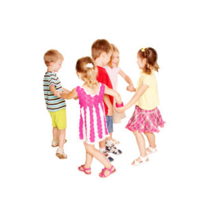 Group of little children dancing, holding hands and having fun. Joyful party. Isolated on white background.